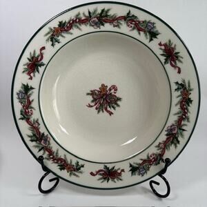 The Cellar O'Tannenbaum, 1 Large Rim Soup Bowl, Holly & Ribbon Border Christmas